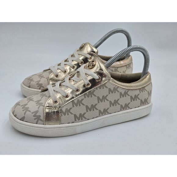Michael Kors Girls Size 3 Jem Daley MK Monogram Gold Lace-Up Low Top Sneakers - Picture 1 of 8